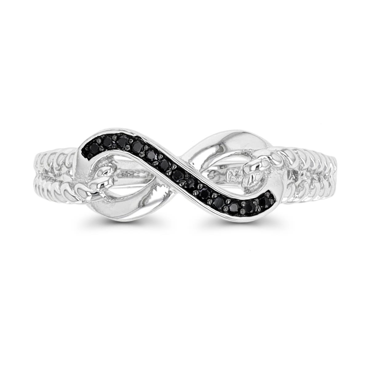 Sterling Silver Rhodium Black Spinel Infinity & Half Twisted Band Fashion Ring