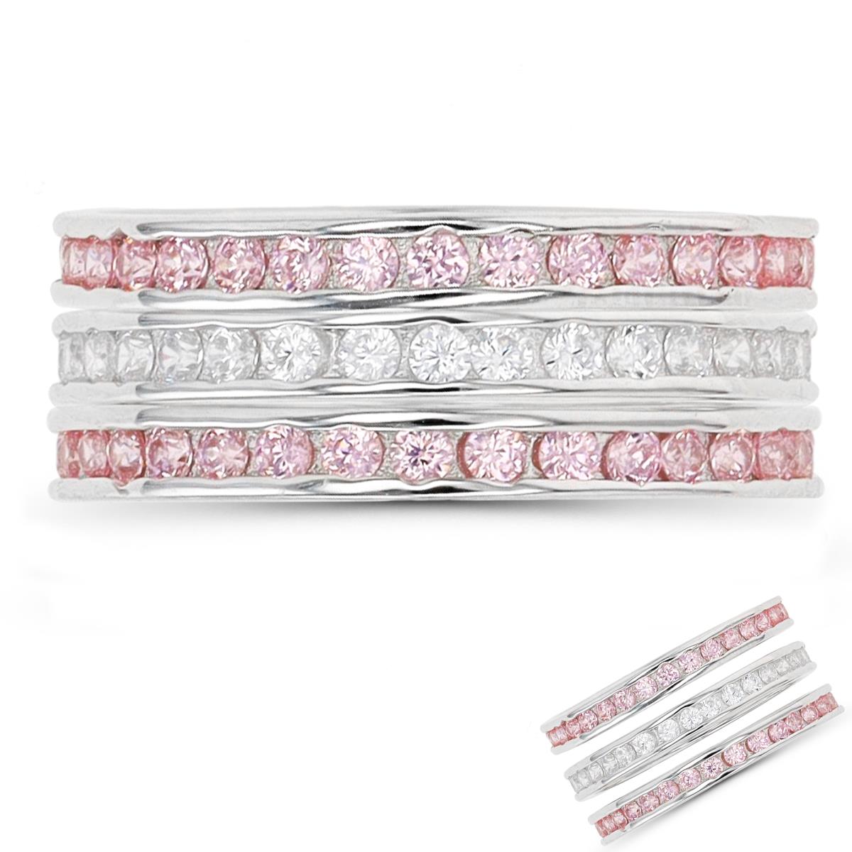 Sterling Silver Rhodium Pink/White Round Channel Set Stack Ring