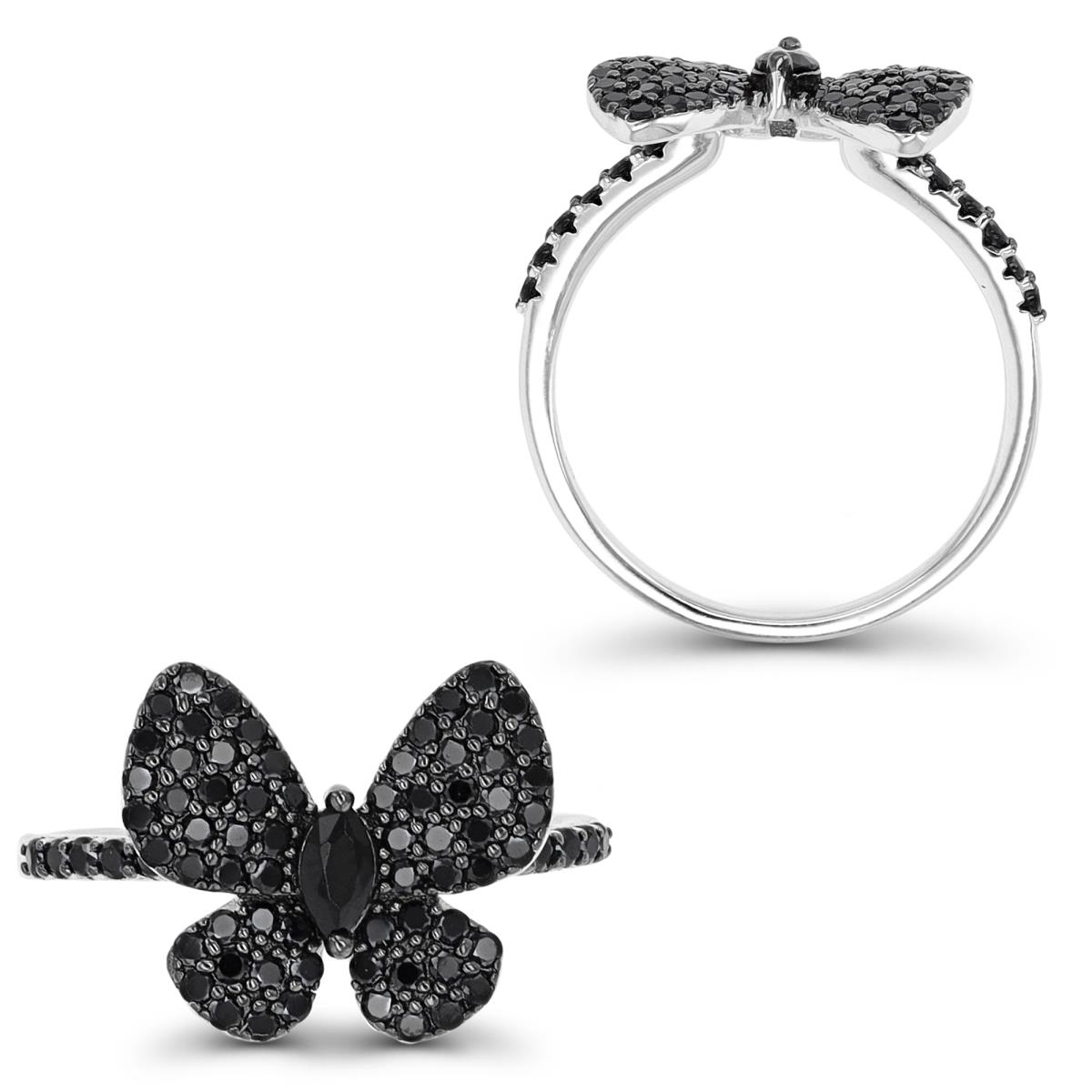 Sterling Silver Rhodium & Black Black Spinel Paved Butterfly Fashion Ring