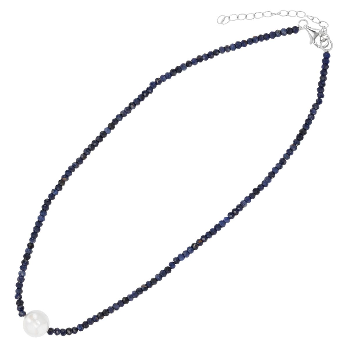 Sterling Silver Rhodium Beaded Rondelle Genuine Sapphire & Rd FWP 18"+2" Necklace