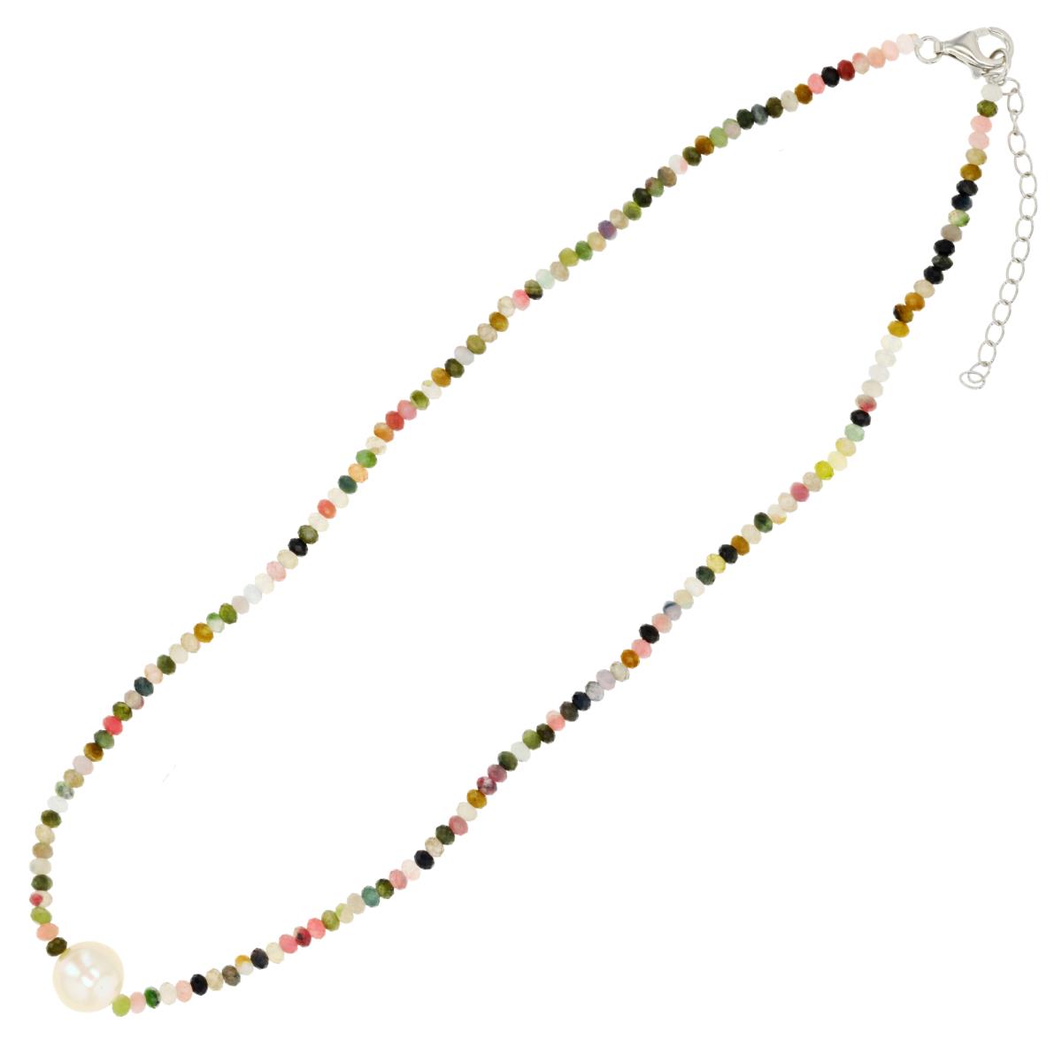 Sterling Silver Rhodium Beaded Rondelle Tourmaline & Rd FWP 18"+2" Necklace