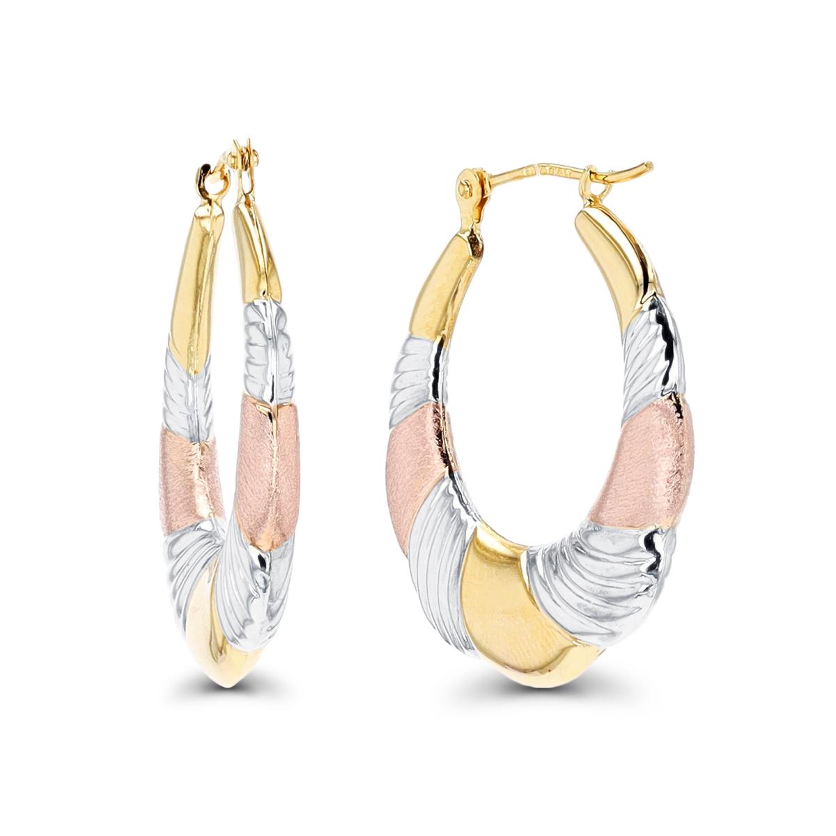 10K Tri-Color Gold 25x3.5mm Satin & Twisted Hoop Earring