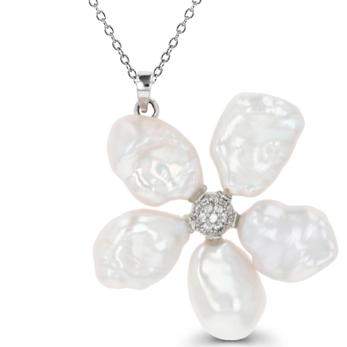 Sterling Silver Rhodium Keshi Pearl & White Zircon Flower 18" Necklace