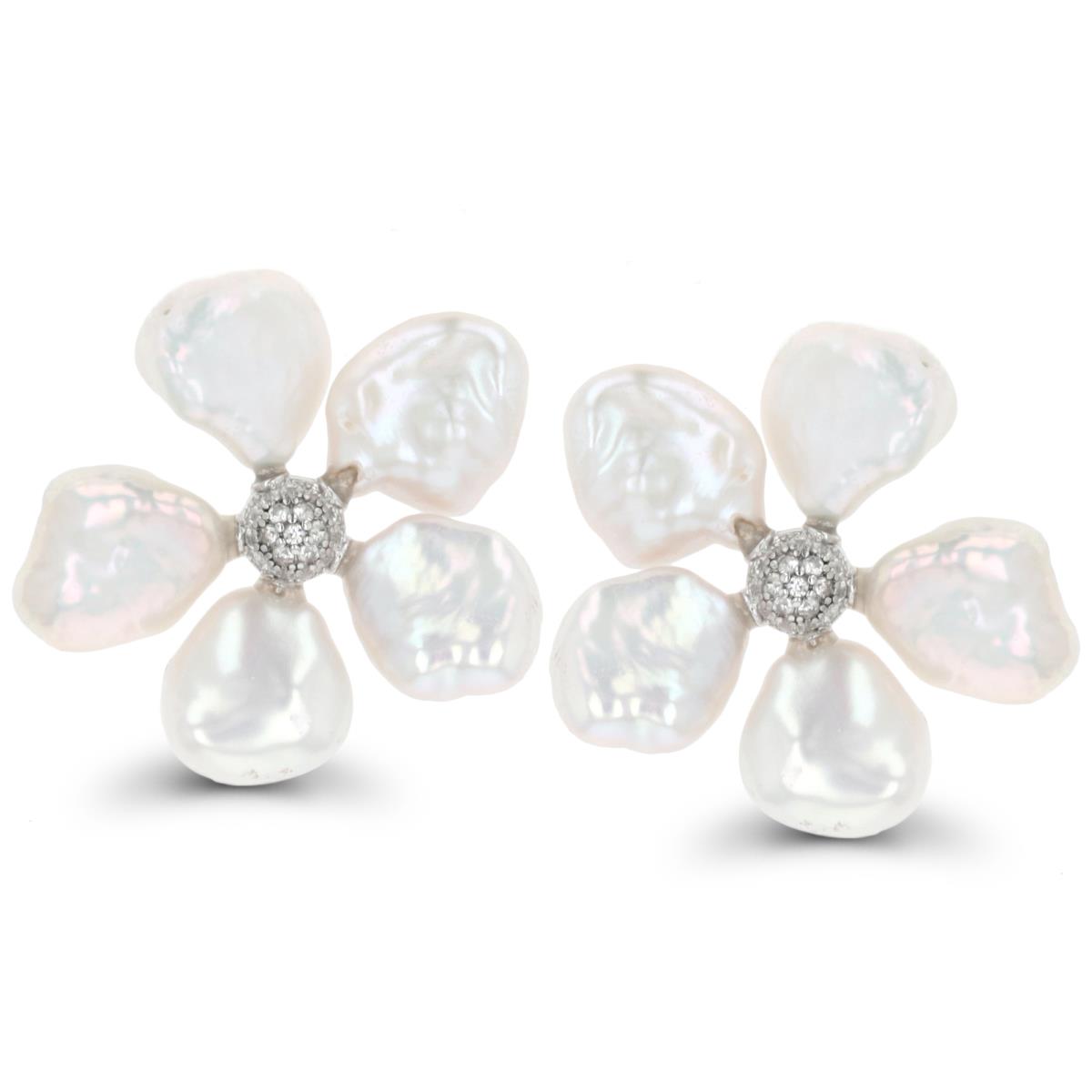 Sterling Silver Rhodium Keshi Pearl & White Zircon Flower Stud Earring