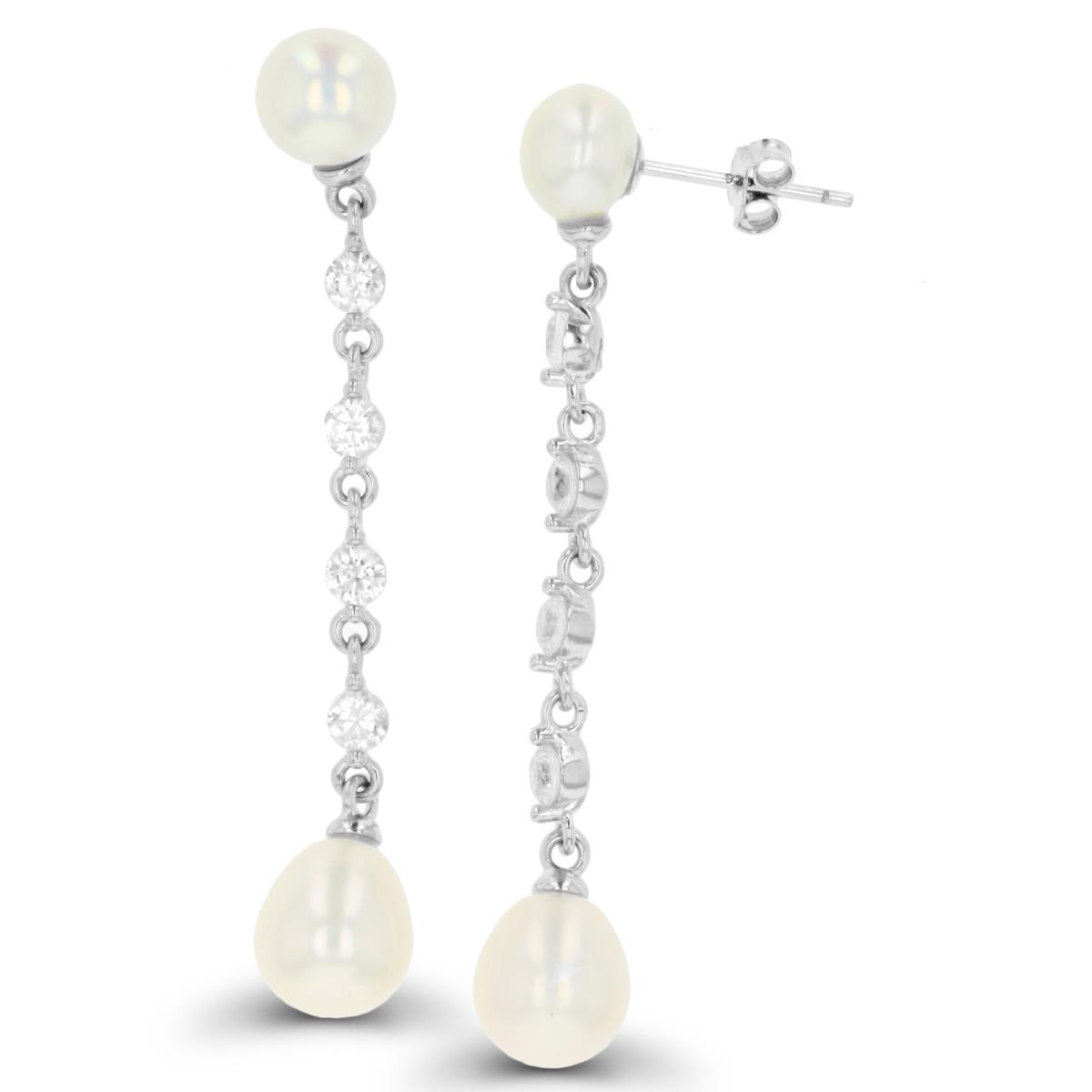 Sterling Silver Rhodium Button, Teardrop FWP and White Zircon Dangling Earring