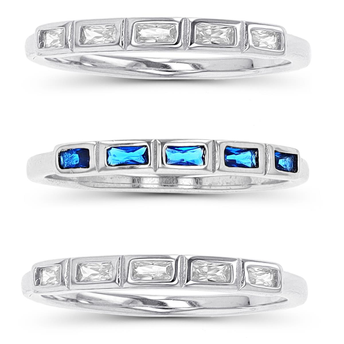 Sterling Silver Rhodium Straight Baguette Cut #113 Blue Spinel/ White Eternity Ring of 3