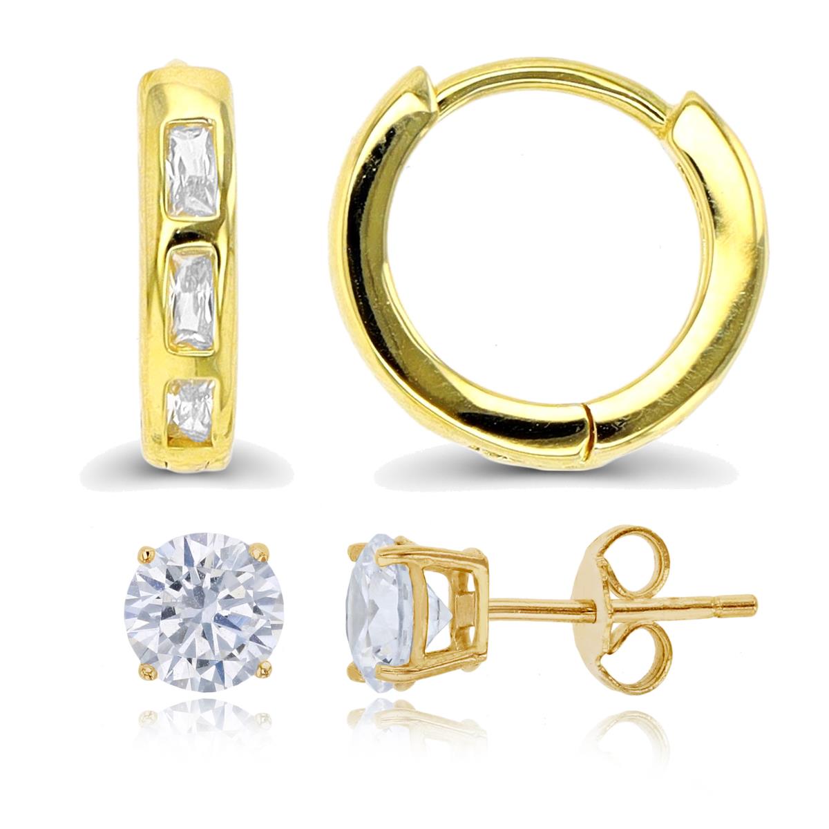 Sterling Silver Yellow 1-Micron Polished CZ 13x3mm Huggie & 6mm Rd Stud Earring Set