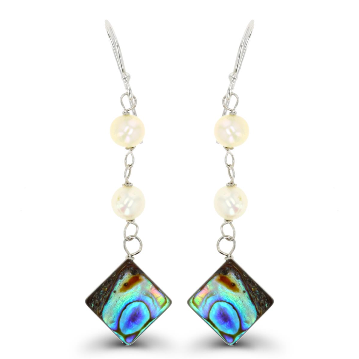 Sterling Silver Rhodium 13mm Square Abalone & FWP FishHook Earring