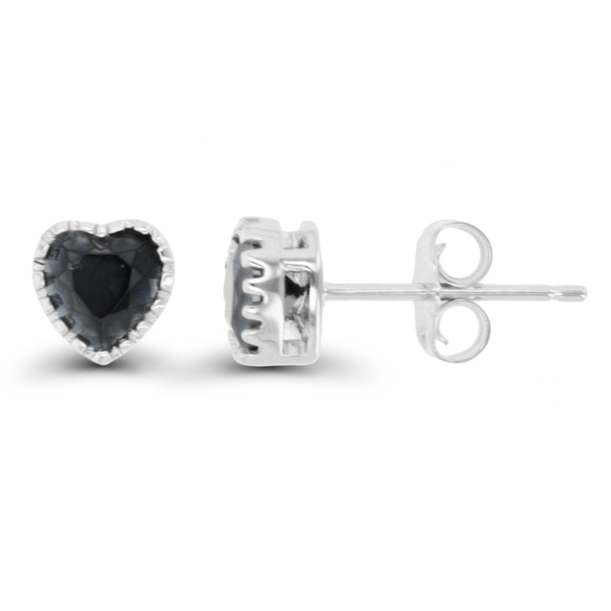 Sterling Silver Rhodium 5mm Heart Black Spinel Stud Earring