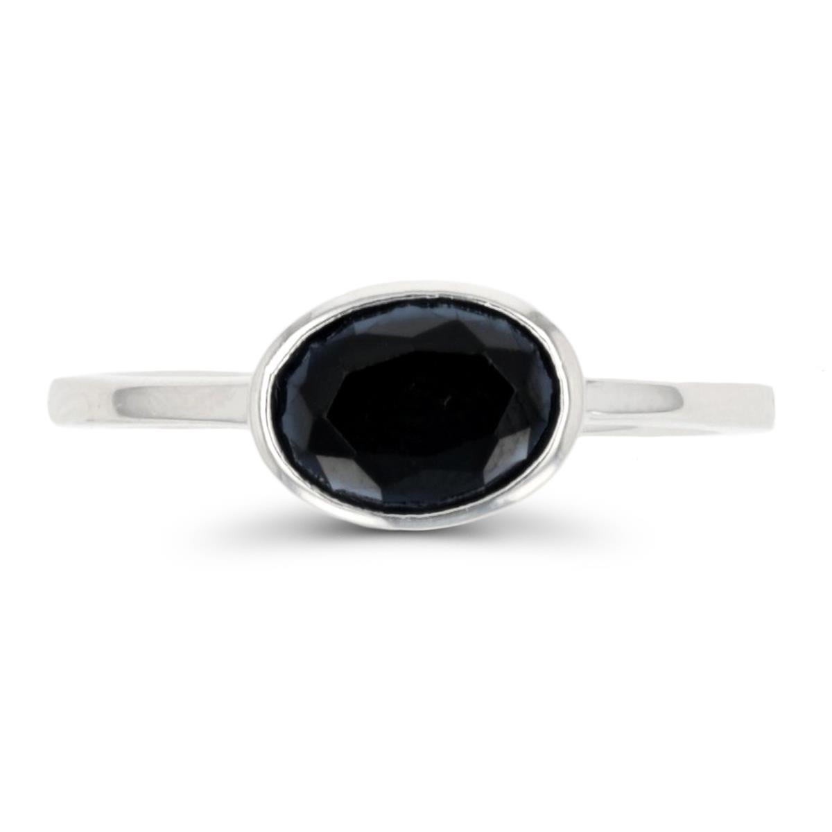 Sterling Silver Rhodium 8x6mm Oval Black Spinel Bezel Solitaire Ring
