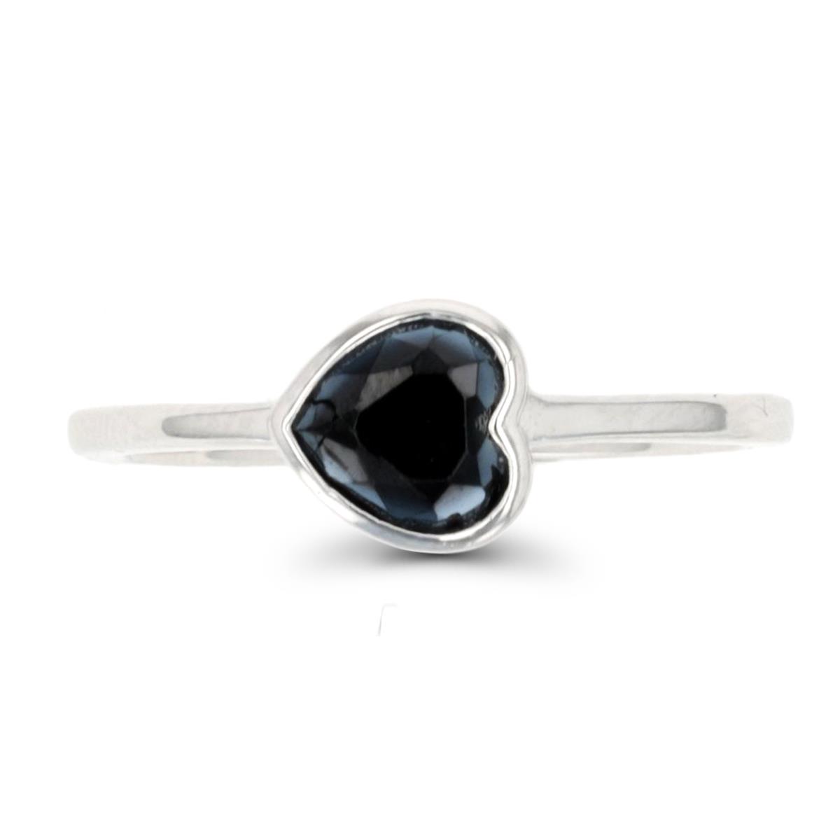 Sterling Silver Rhodium 6mm Heart Black Spinel Bezel Solitaire Ring