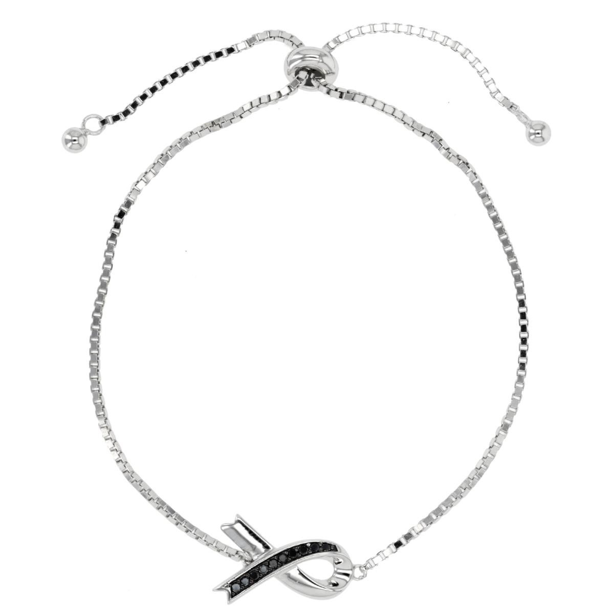 Sterling Silver Rhodium & Black Black Spinel Ribbon Adjustable Bracelet