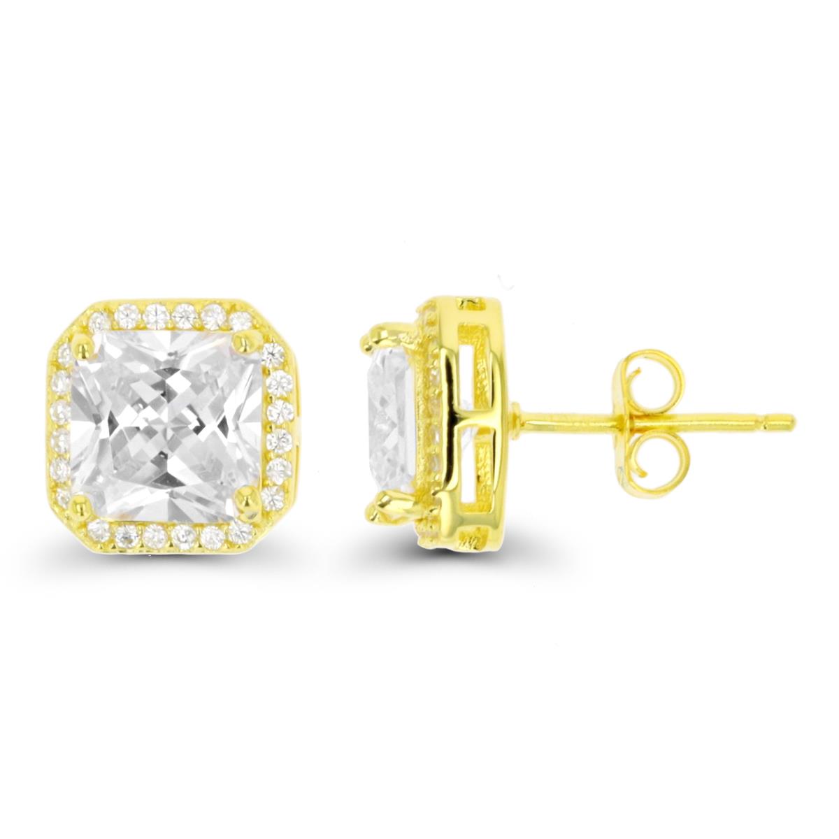 Sterling Silver Yellow 1-Micron 8mm Square CZ Halo Stud Earring