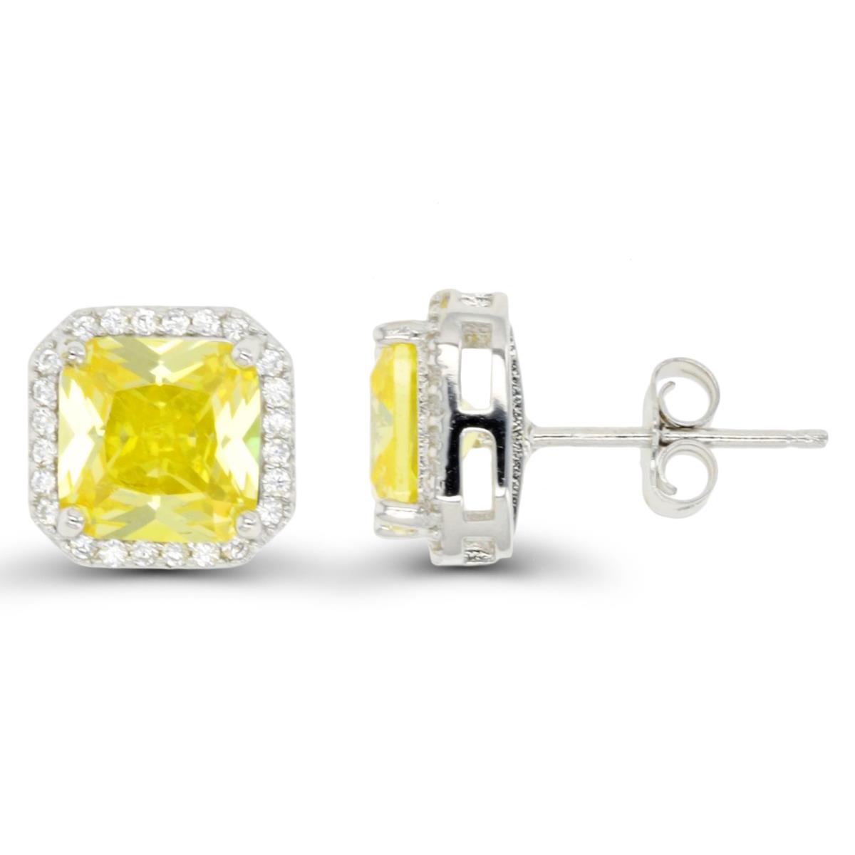 Sterling Silver Rhodium 8mm Square Canary Yellow CZ Halo Stud Earring
