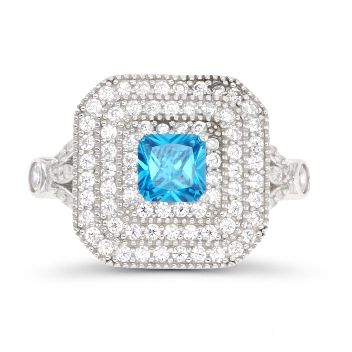 Sterling Silver Rhodium 5mm Princess Dark Blue CZ Multi Halo Fashion Ring