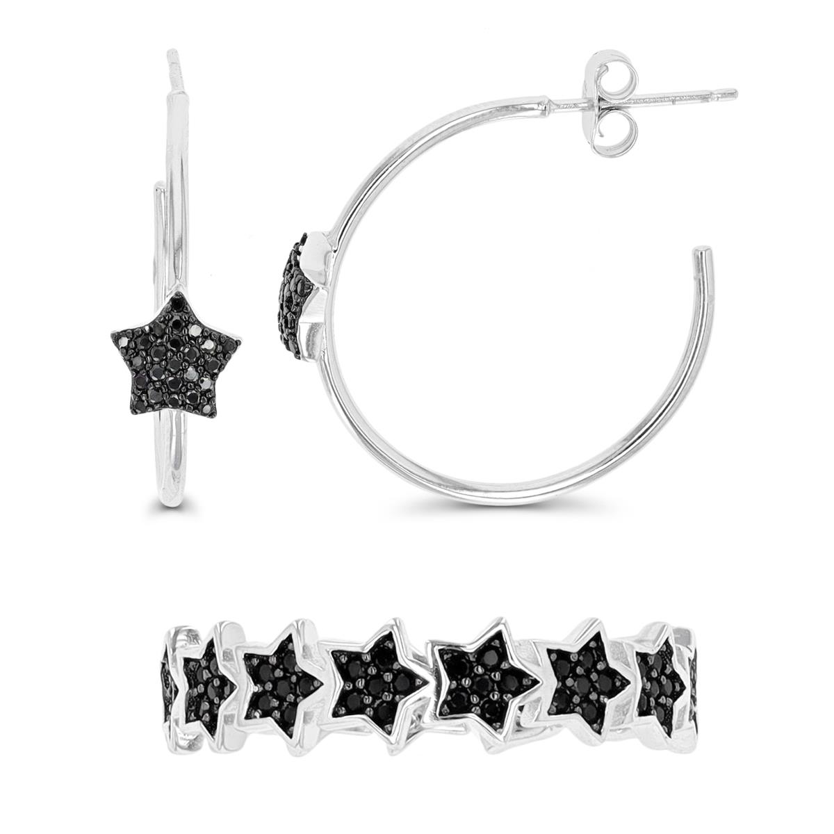 Sterling Silver Rhodium & Black Paved Black Spinel Star Ring & Hoop Earring Set