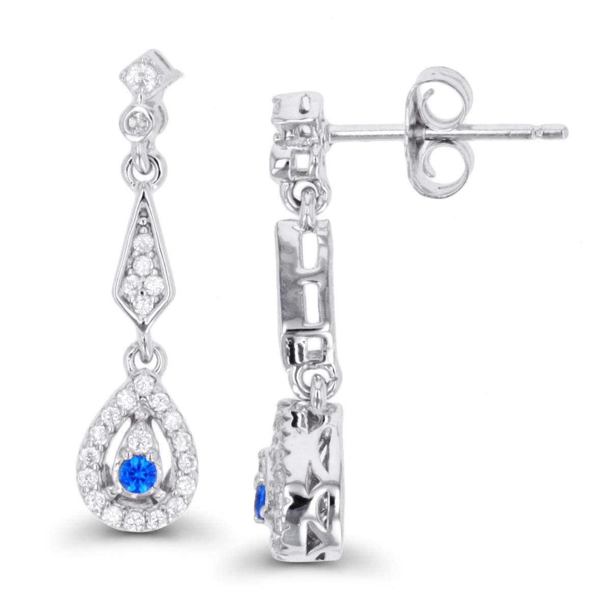 Sterling Silver Rhodium CZ & #113 Blue Dangling Pear Earring