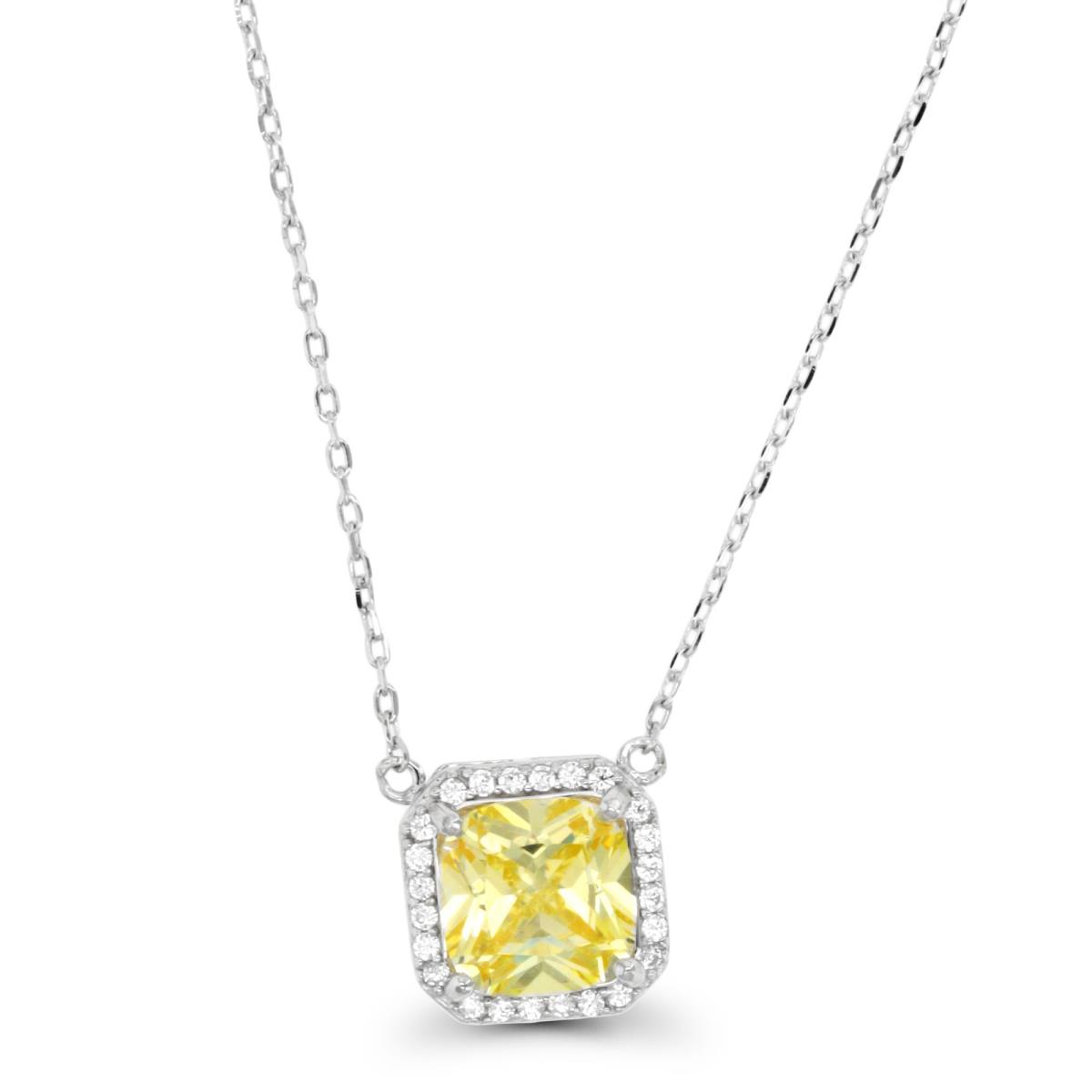 Sterling Silver Rhodium 8mm Canary Yellow Square CZ Halo 18"+2" Necklace
