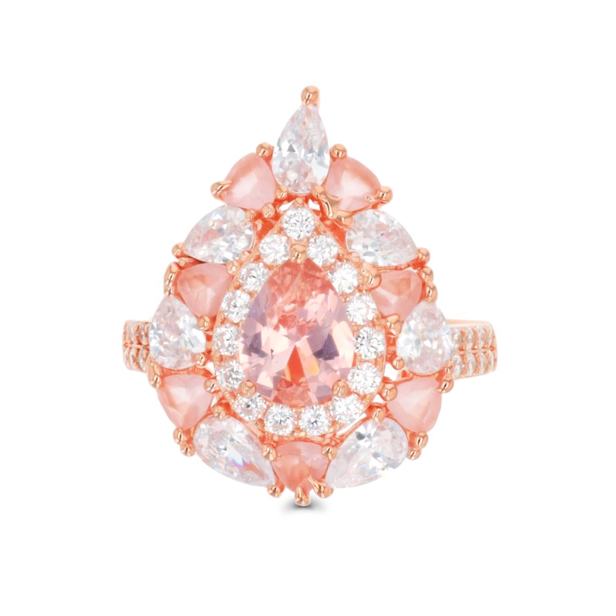Sterling Silver Rose Pear, Rd & Trillion Morganite & CZ Fashion Ring