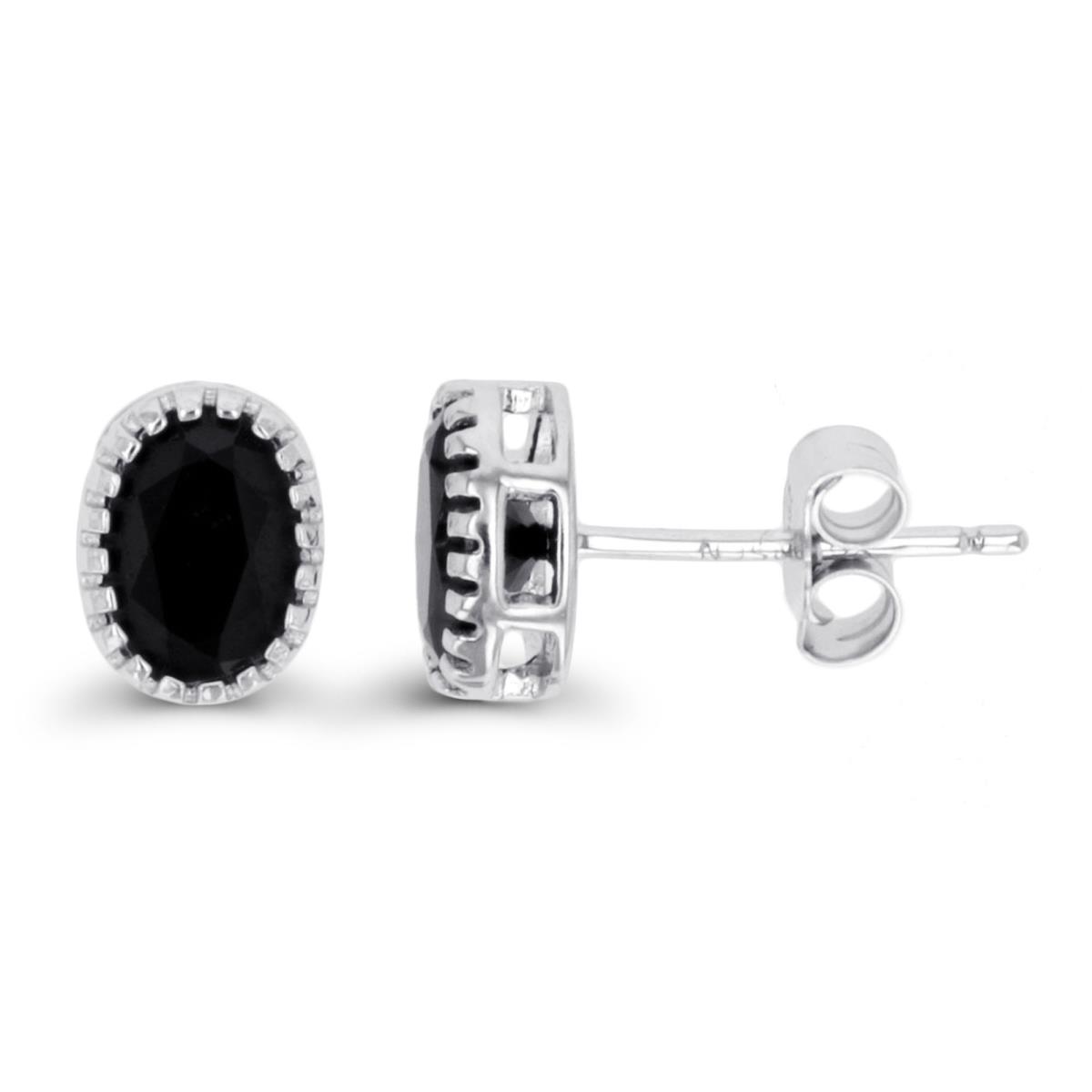 Sterling Silver Rhodium 7x5mm Oval Black Spinel Solitaire Stud Earring