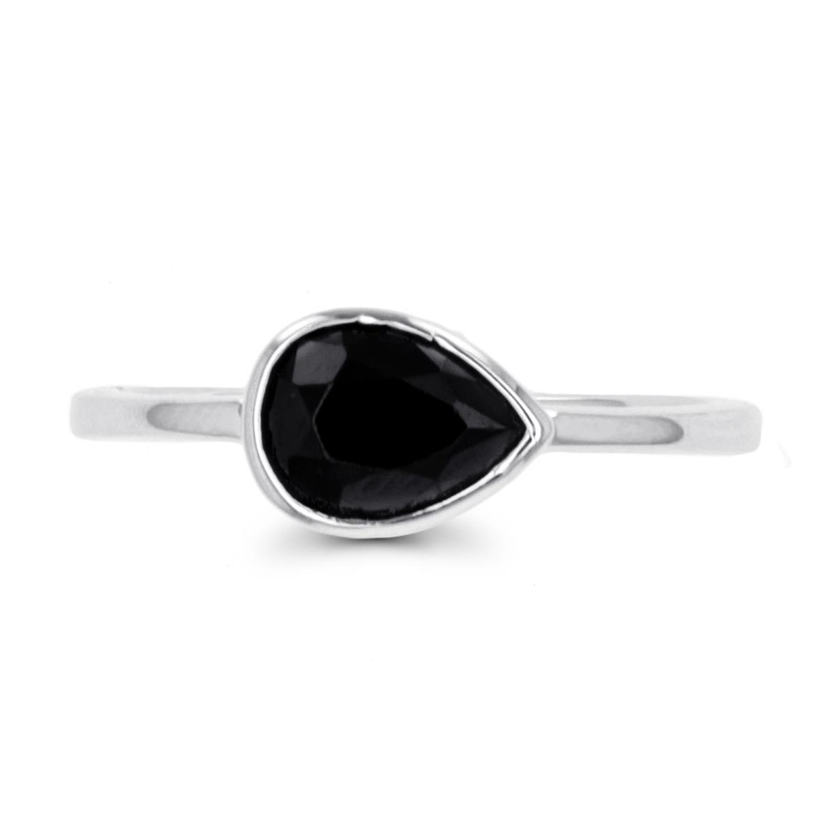 Sterling Silver Rhodium 8x6mm Pear Black Spinel Bezel Solitaire Ring