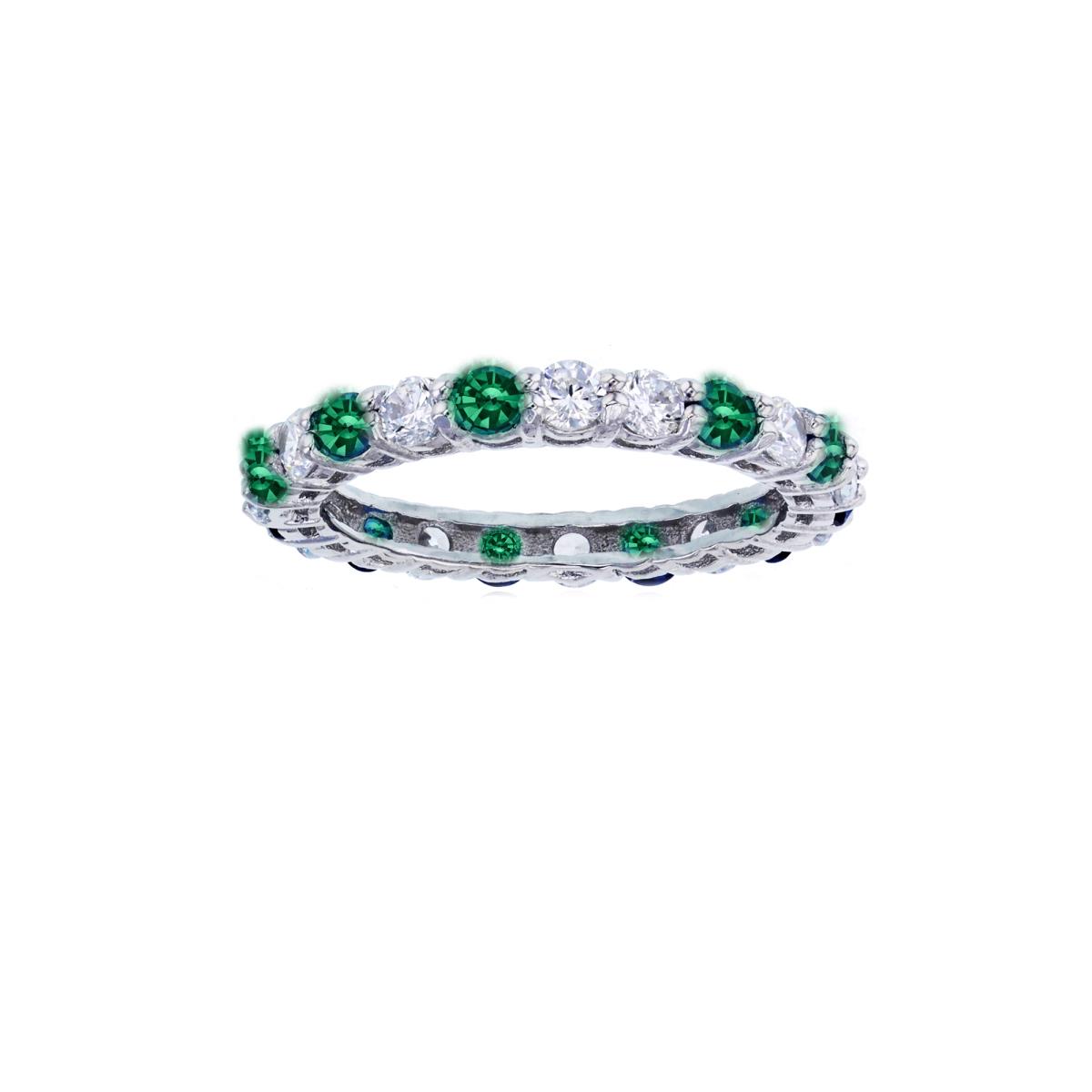Sterling Silver Rhodium  3mm Clear & Green Round Cut CZ Ring
