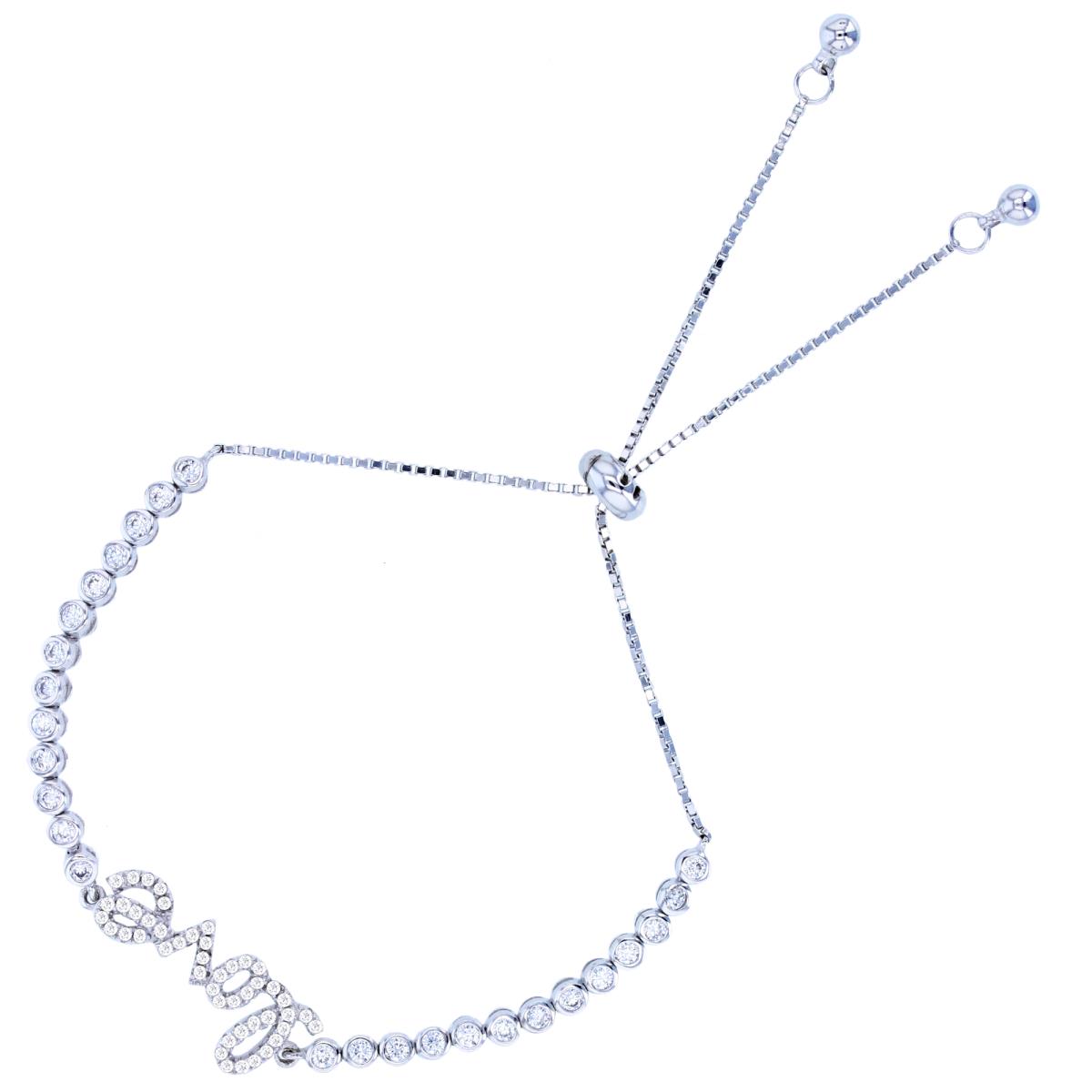Sterling Silver Rhodium Created White Sapphire Micropave LOVE Bezel Adjustable Bracelet