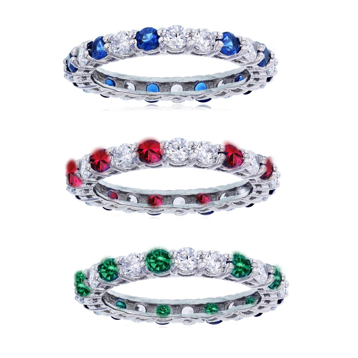 Sterling Silver Rhodium Clear & Green/Ruby/Blue Round Cut CZ Ring Set