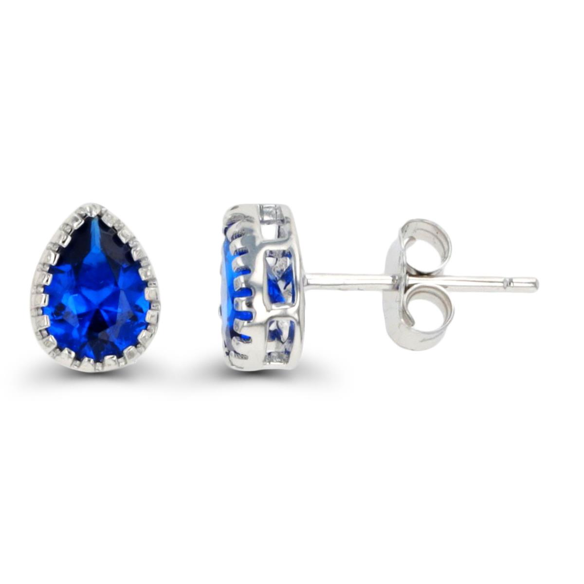 Sterling Silver Rhodium 7x5mm Pear #113 Blue Solitaire Stud Earring