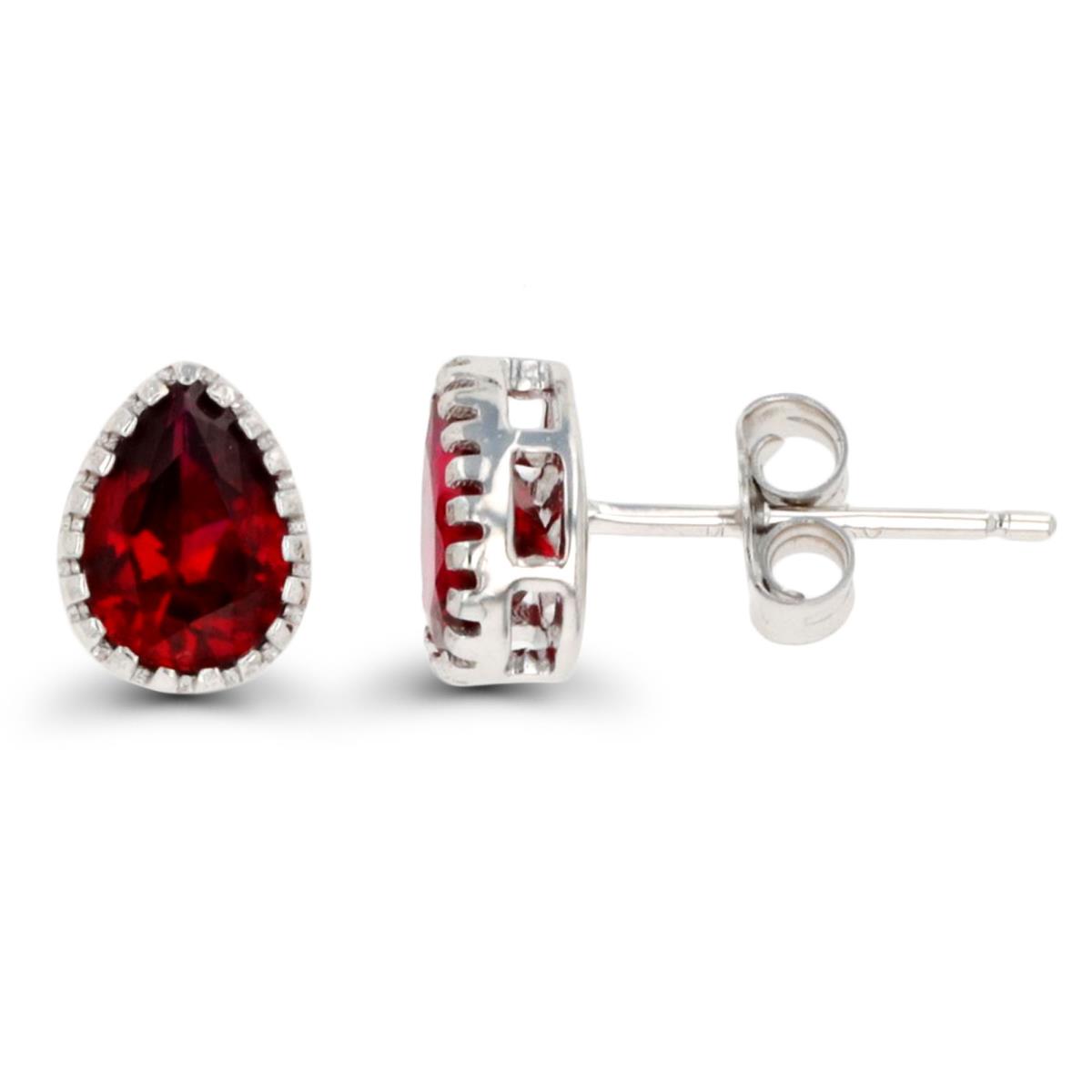 Sterling Silver Rhodium 7x5mm Pear #8 Ruby Solitaire Stud Earring