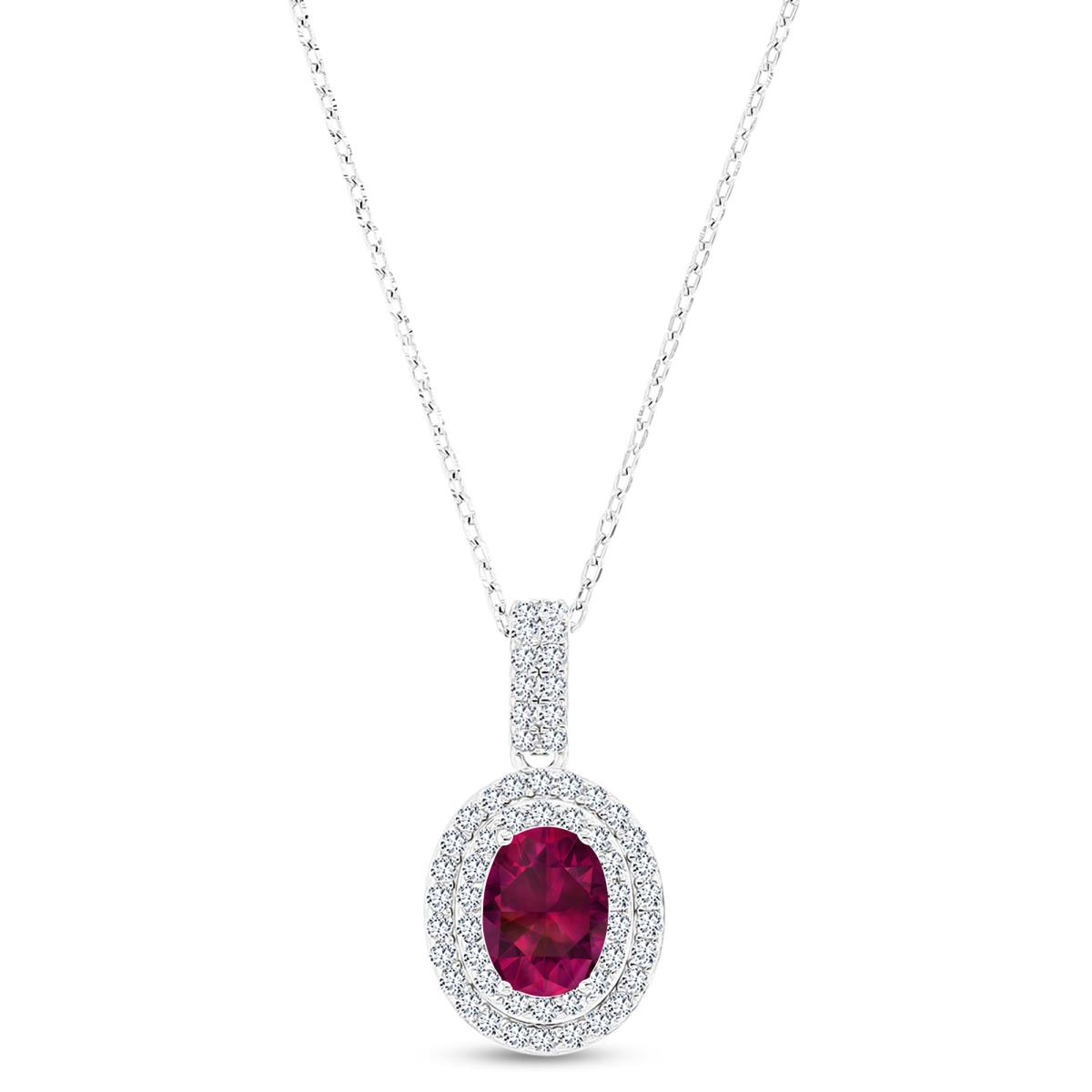 Sterling Silver Rhodium 8x6mm Oval Created Ruby & Cr White Sapphire Halo 16"+2" Necklace