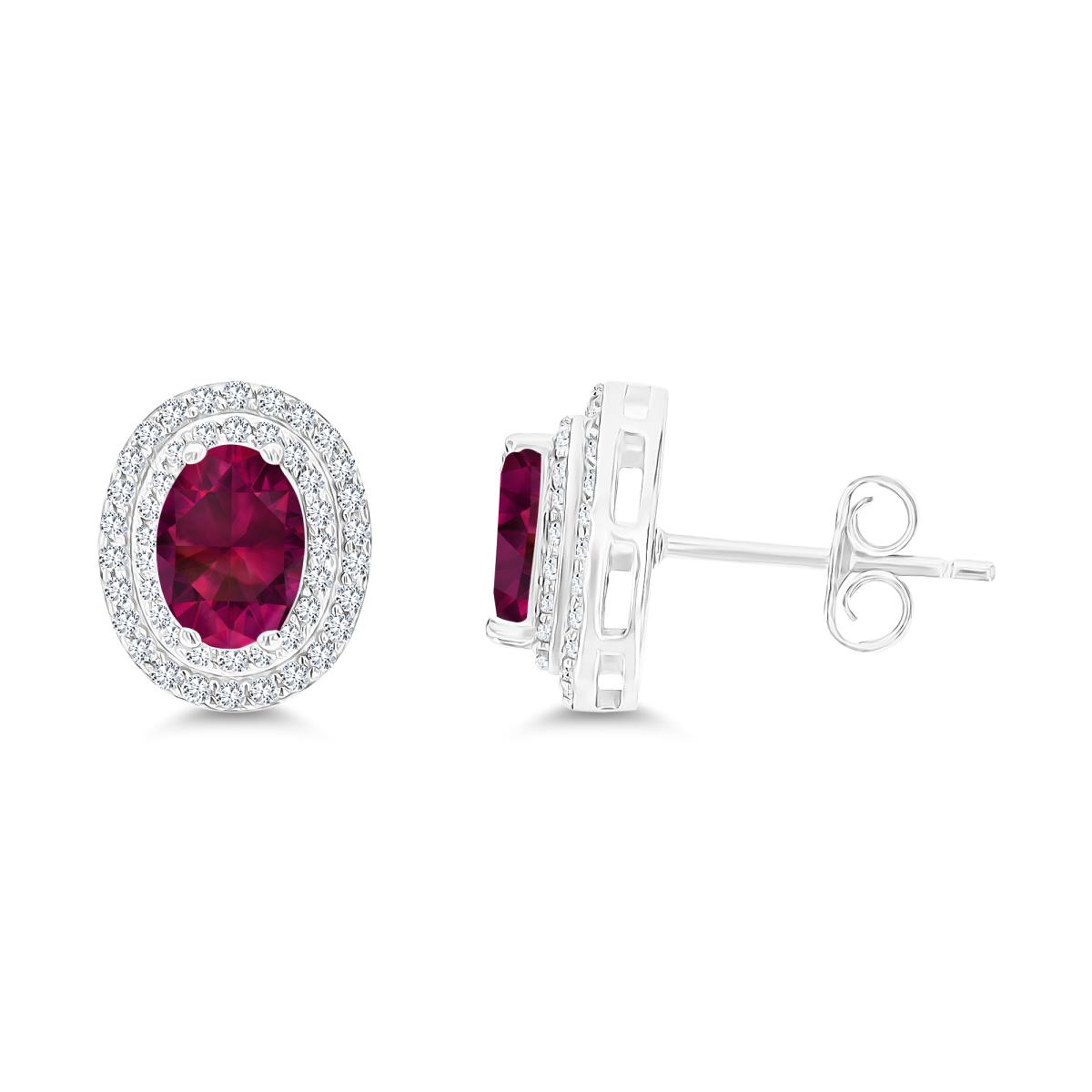 Sterling Silver Rhodium 7x5mm Oval Created Ruby & Cr White Sapphire Halo Earrings