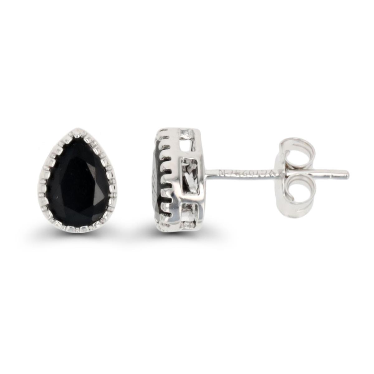 Sterling Silver Rhodium 7x5mm Pear Black Spinel Solitaire Stud Earring