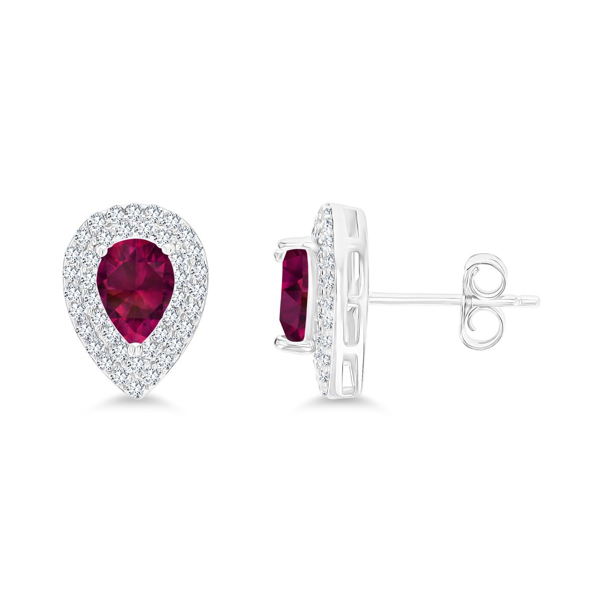 Sterling Silver Rhodium 7x5mm PS Cr Ruby/ Cr White Sapphire Double Halo Stud Earring