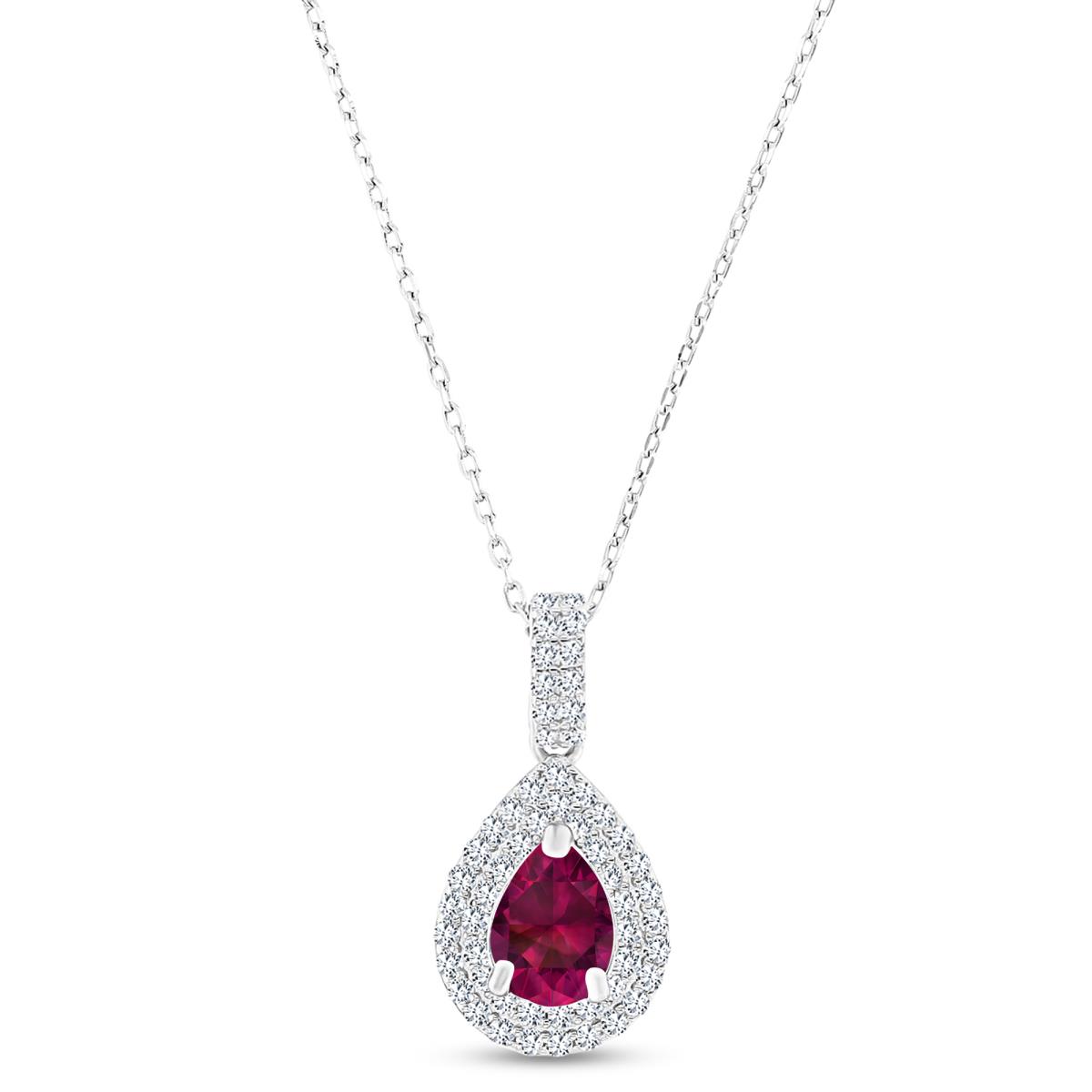 Sterling Silver Rhodium 8x6mm PS Cr Ruby/ Cr White Sapphire Double Halo 16"+2" Necklace