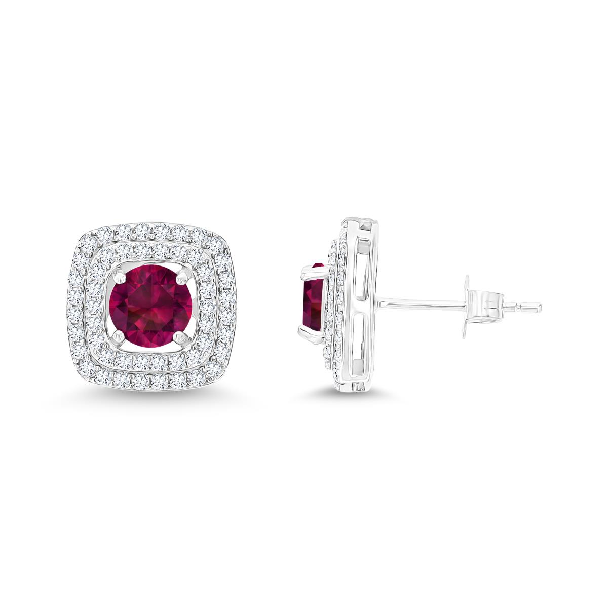 Sterling Silver Rhodium 6mm RD Cr Ruby/ Cr White Sapphire Cushion Double Halo Stud Earring