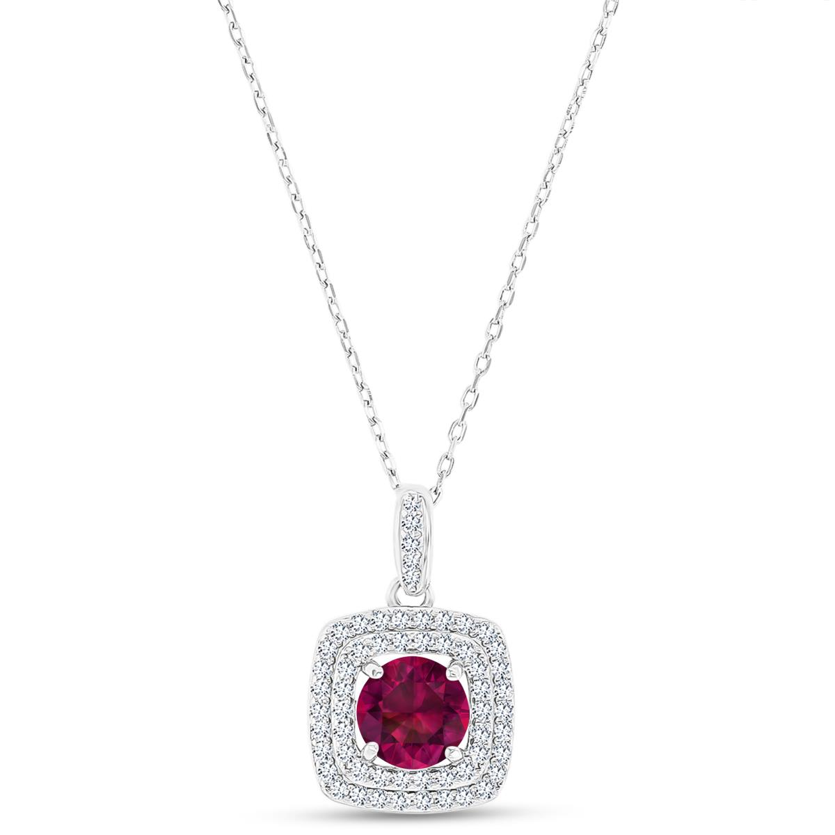 Sterling Silver Rhodium 7mm RD Cr Ruby/ Cr White Sapphire Cushion Double Halo 16"+2" Necklace