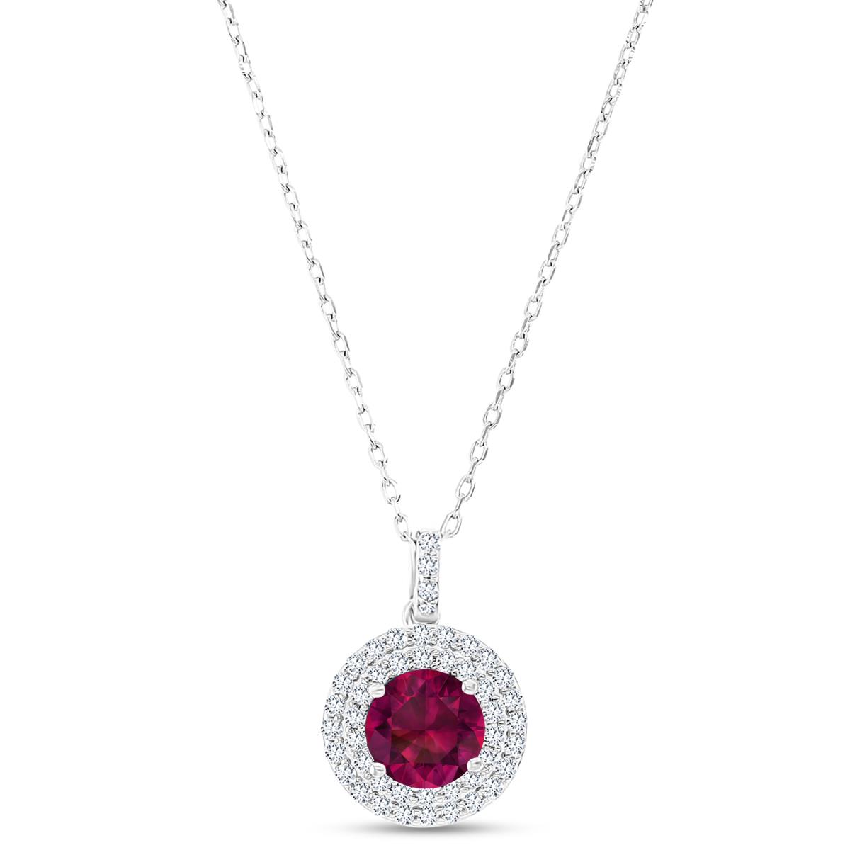 Sterling Silver Rhodium 7mm RD Cr Ruby / Cr White Sapphire Duble Halo 16"+2" Necklace