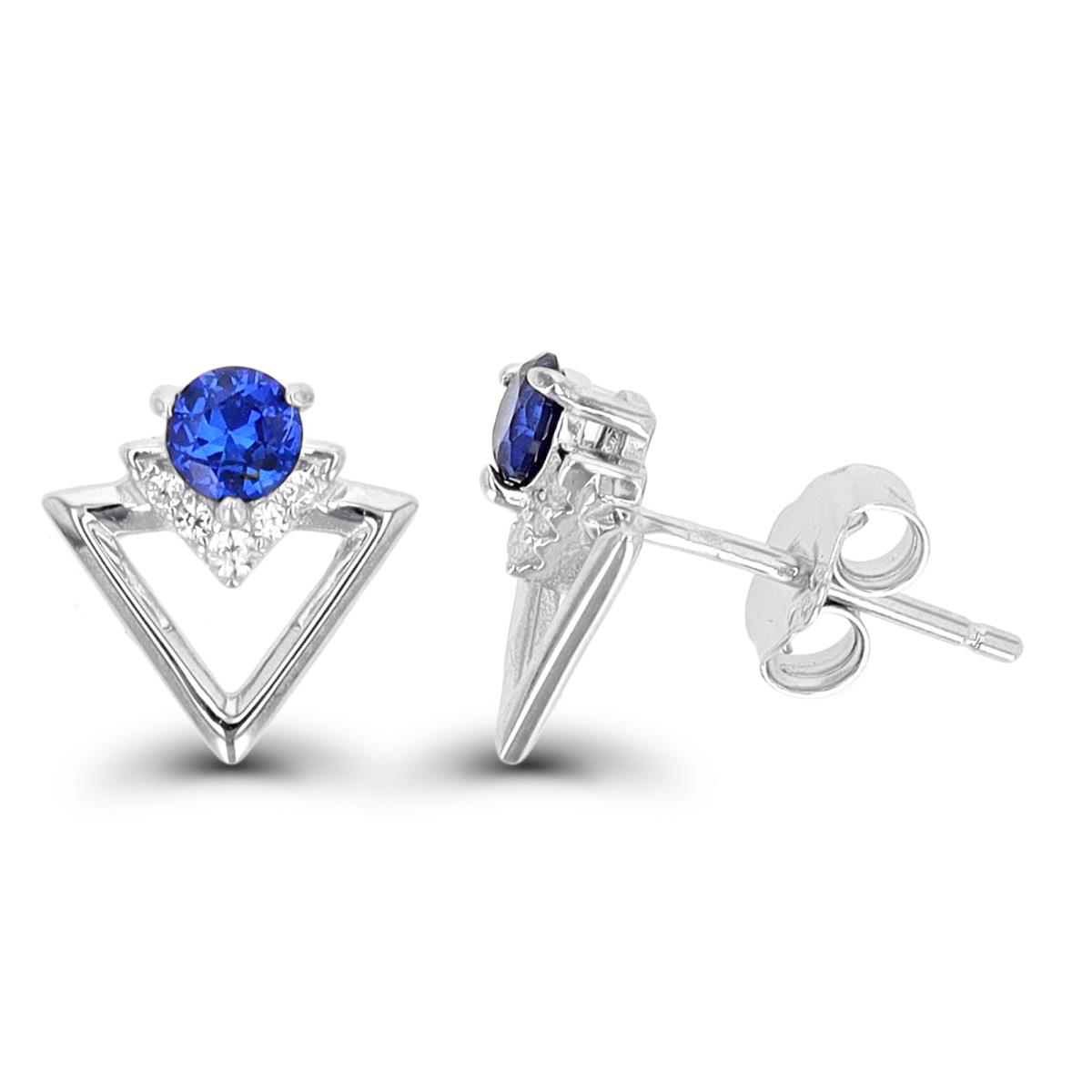 Sterling Silver Rhodium 3.5mm #34 Blue & Cr White Sapphire Triangle Stud Earring