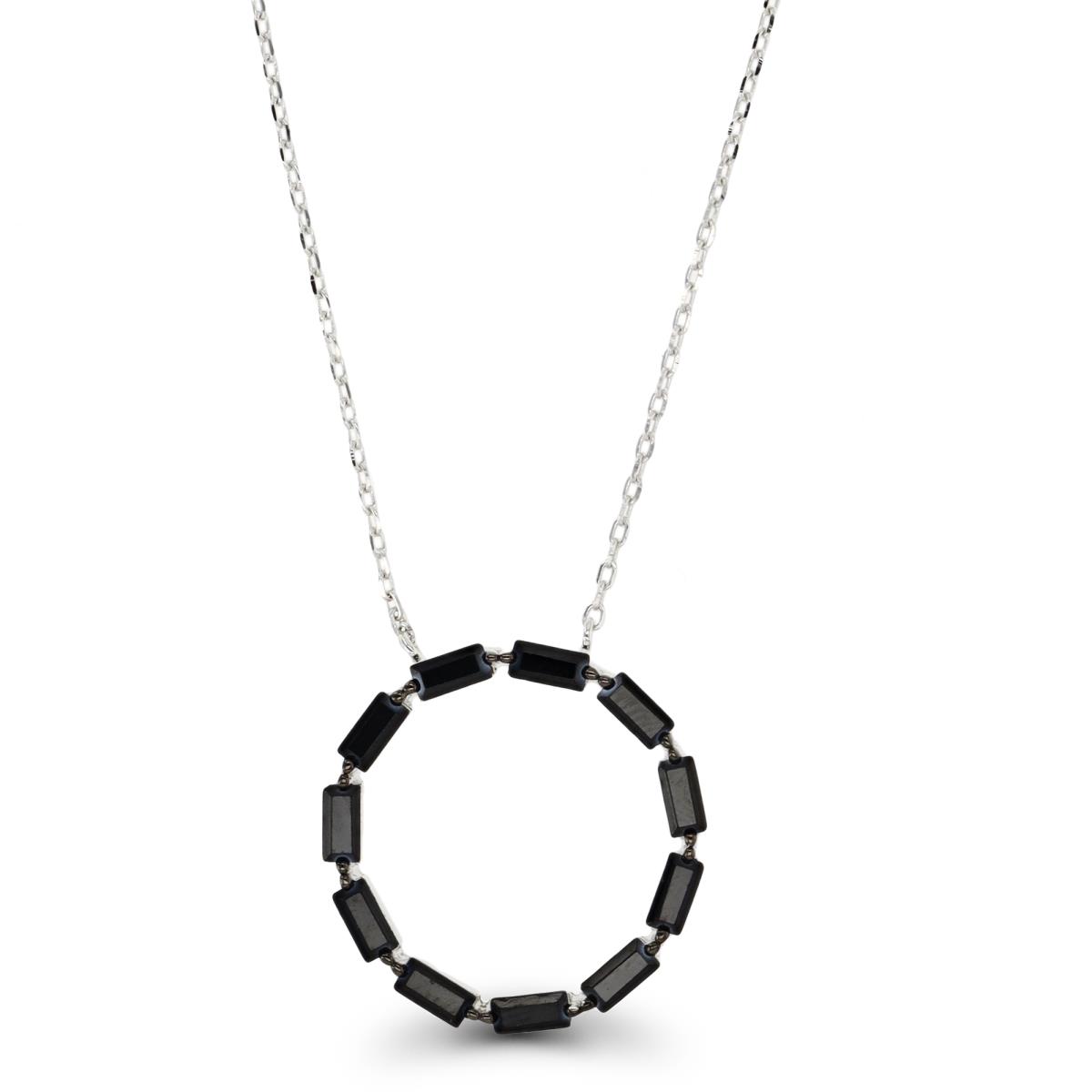 Sterling Silver Rhodium Baguette Black Spinel Open Circle 18"+2" Necklace