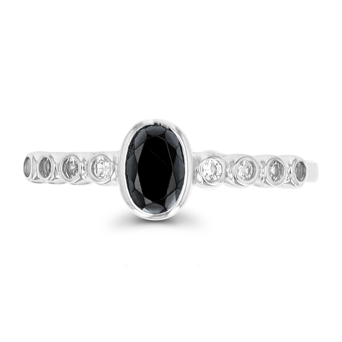 Sterling Silver Rhodium 6x4mm Oval Black Spinel & Cr White Sapphire Bezel Ring