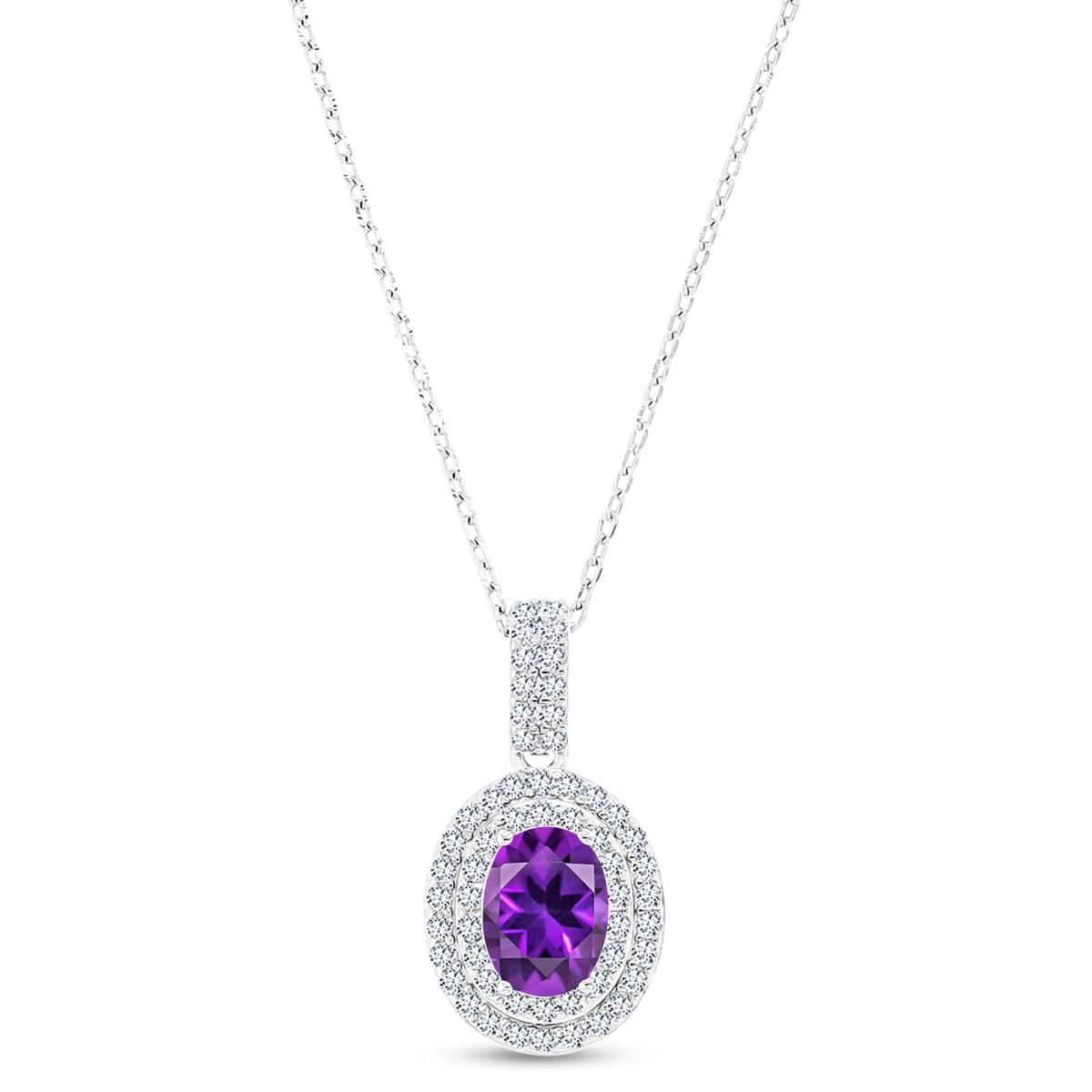 Sterling Silver Rhodium 8x6mm Oval Amethyst & Cr White Sapphire Halo 16"+2" Necklace