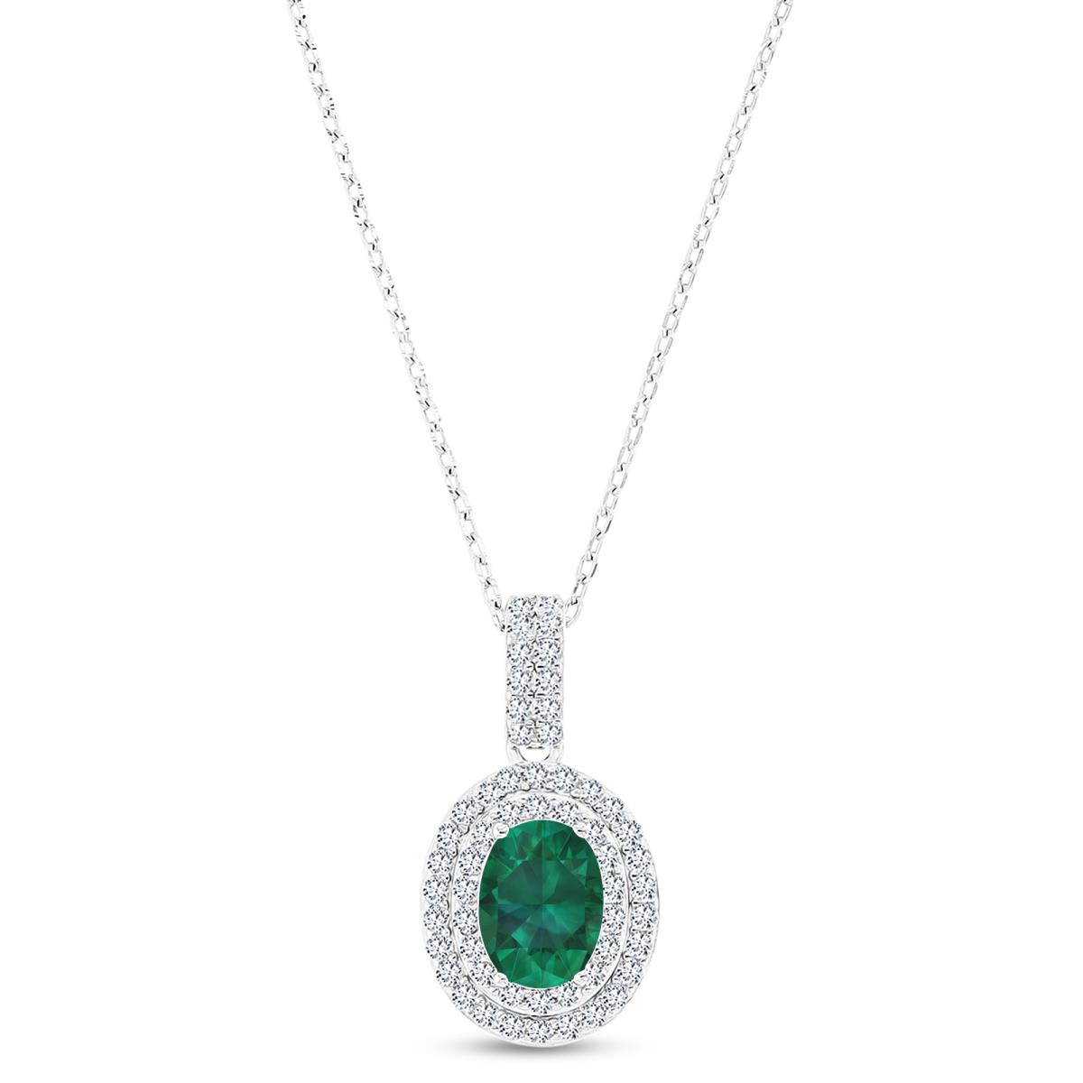 Sterling Silver Rhodium 8x6mm Oval Cr Emerald & Cr White Sapphire Halo 16"+2" Necklace