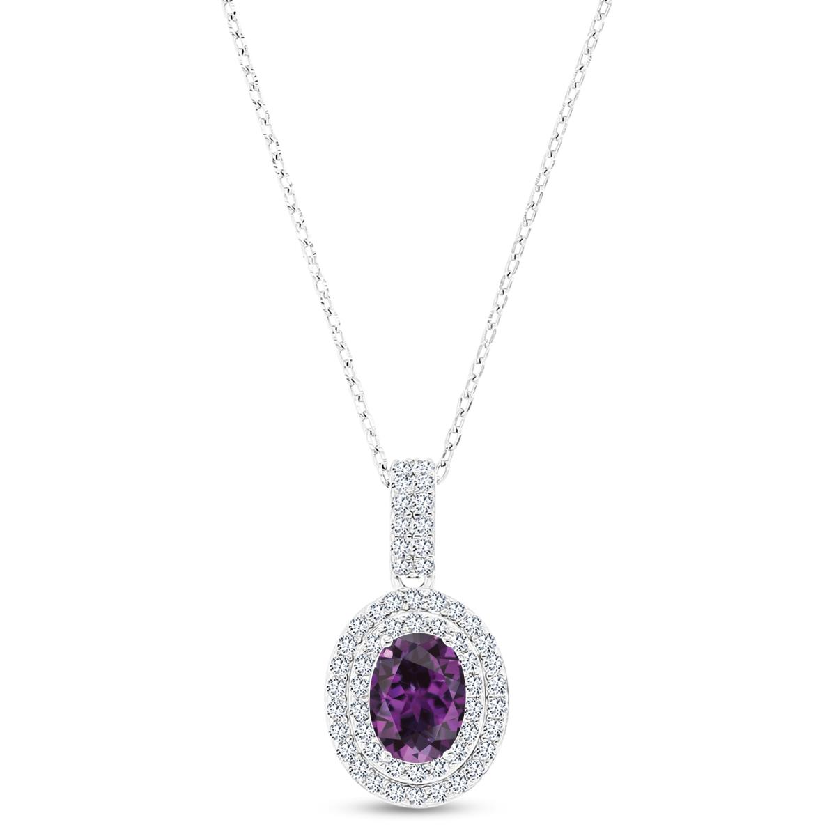 Sterling Silver Rhodium 8x6mm Oval Cr Alexandrite & Cr White Sapphire Halo 16"+2" Necklace