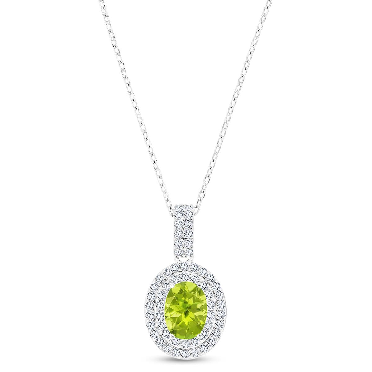 Sterling Silver Rhodium 8x6mm Oval Peridot & Cr White Sapphire Halo 16"+2" Necklace