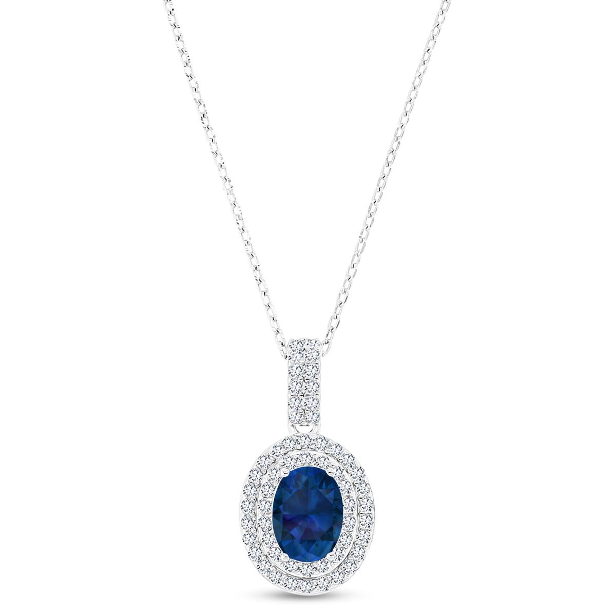 Sterling Silver Rhodium 8x6mm Oval Cr Blue Sapphire & Cr White Sapphire Halo 16"+2" Necklace