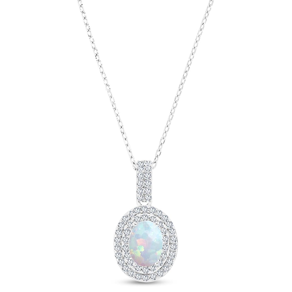 Sterling Silver Rhodium 8x6mm Oval Cr Opal & Cr White Sapphire Halo 16"+2" Necklace