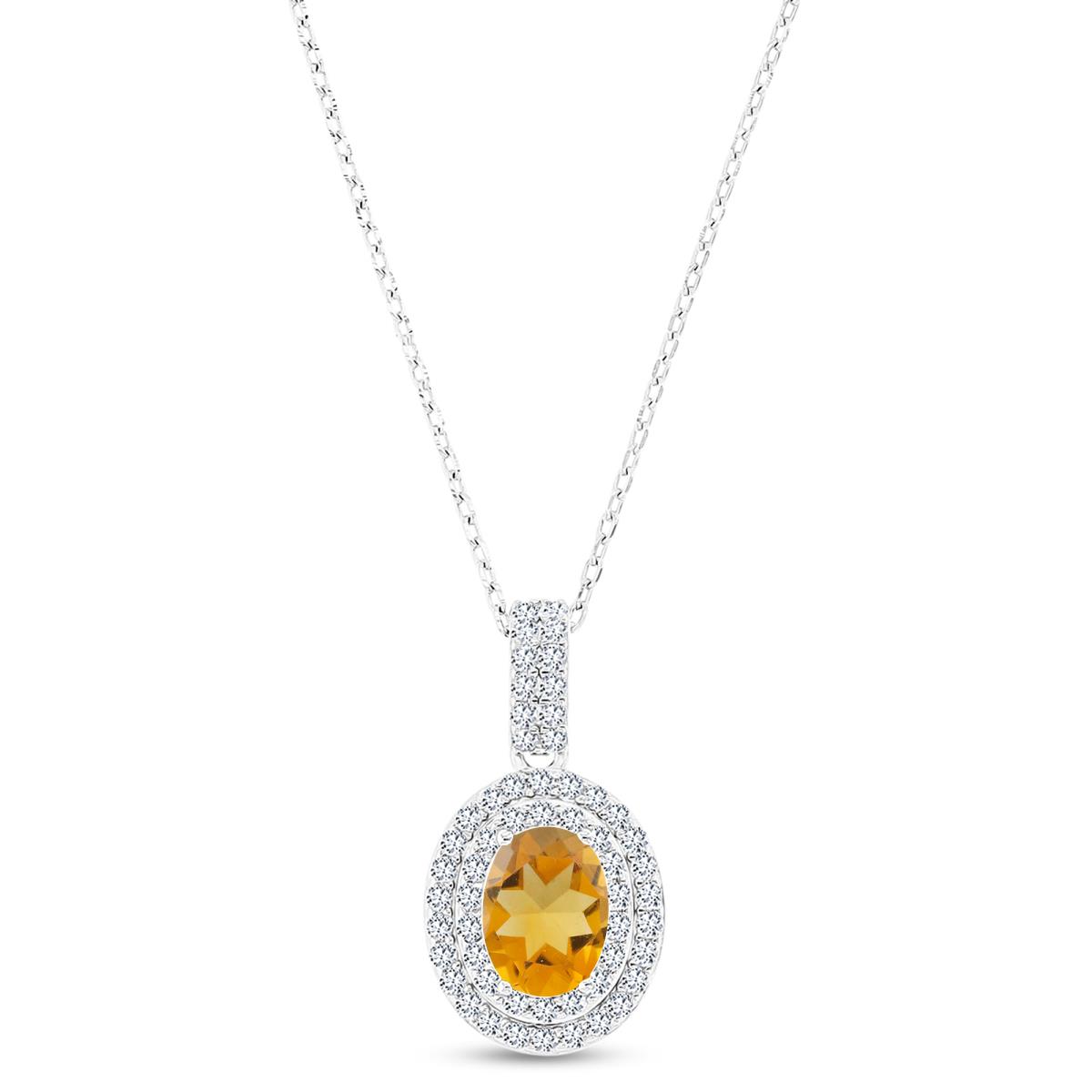 Sterling Silver Rhodium 8x6mm Oval Citrine & Cr White Sapphire Halo 16"+2" Necklace