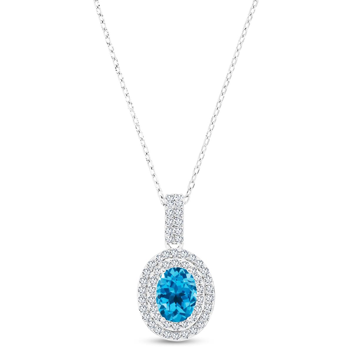 Sterling Silver Rhodium 8x6mm Oval Blue Topaz & Cr White Sapphire Halo 16"+2" Necklace