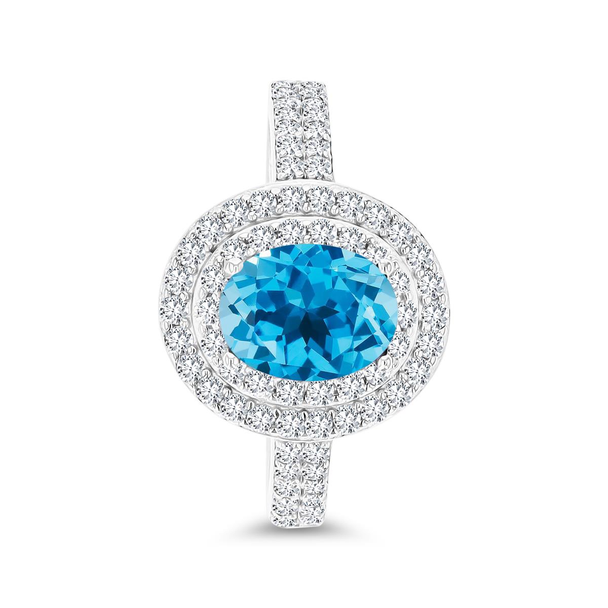 Sterling Silver Rhodium 8x6mm Blue Topaz & Cr White Sapphire Halo Fashion Ring